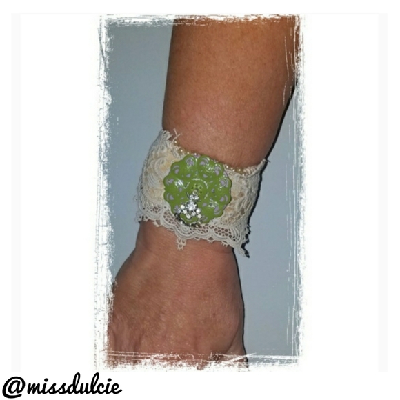 Upcycled Leather Baseball Cuff Lace Rhinestones - Picture 2 of 8